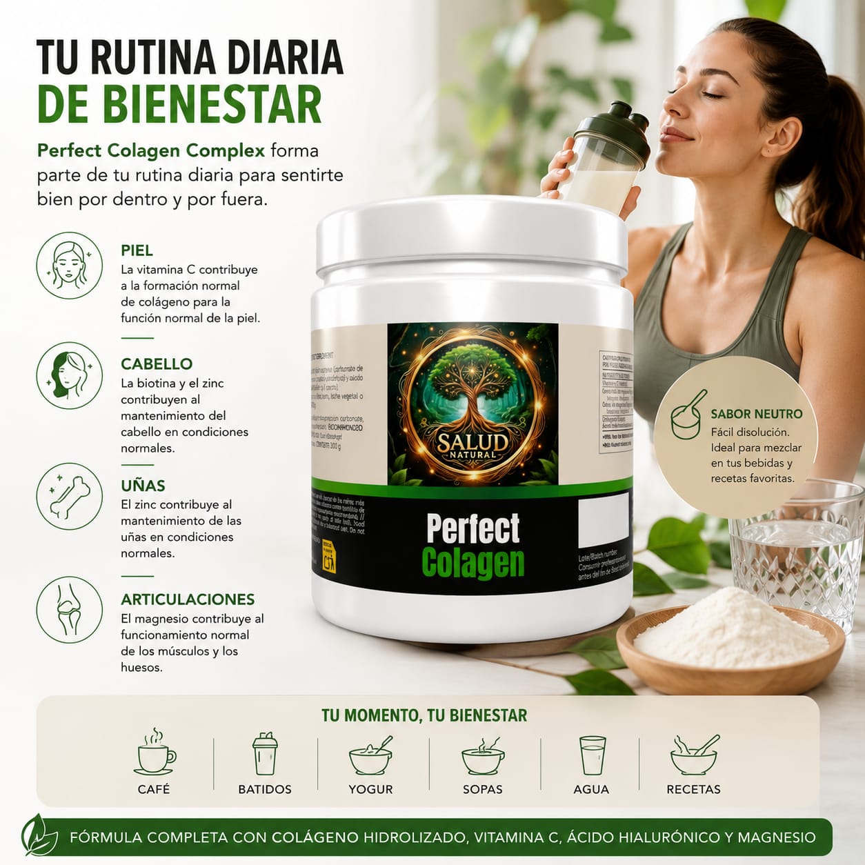Colágeno Perfect Colagen 300g | Colágeno Hidrolizado con Magnesio, Vitamina C y Ácido Hialurónico | Piel, Articulaciones y Bienestar | Salud Natural - Imagen 2