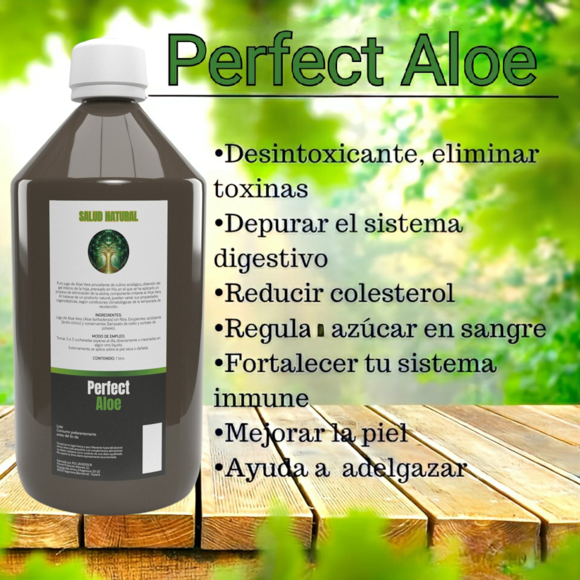 Jugo de Aloe ecológico Perfect Aloe Salud Natural 1000ml - Imagen 2